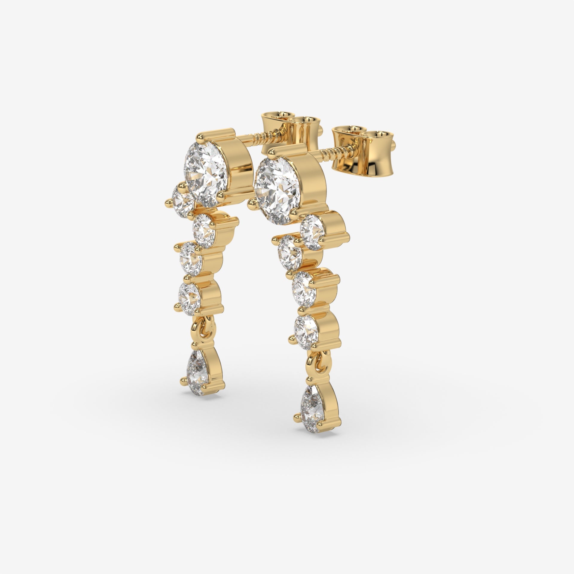 Climbing Diamond Yellow Gold Stud Earrings with Round and Pear-Cut Accents