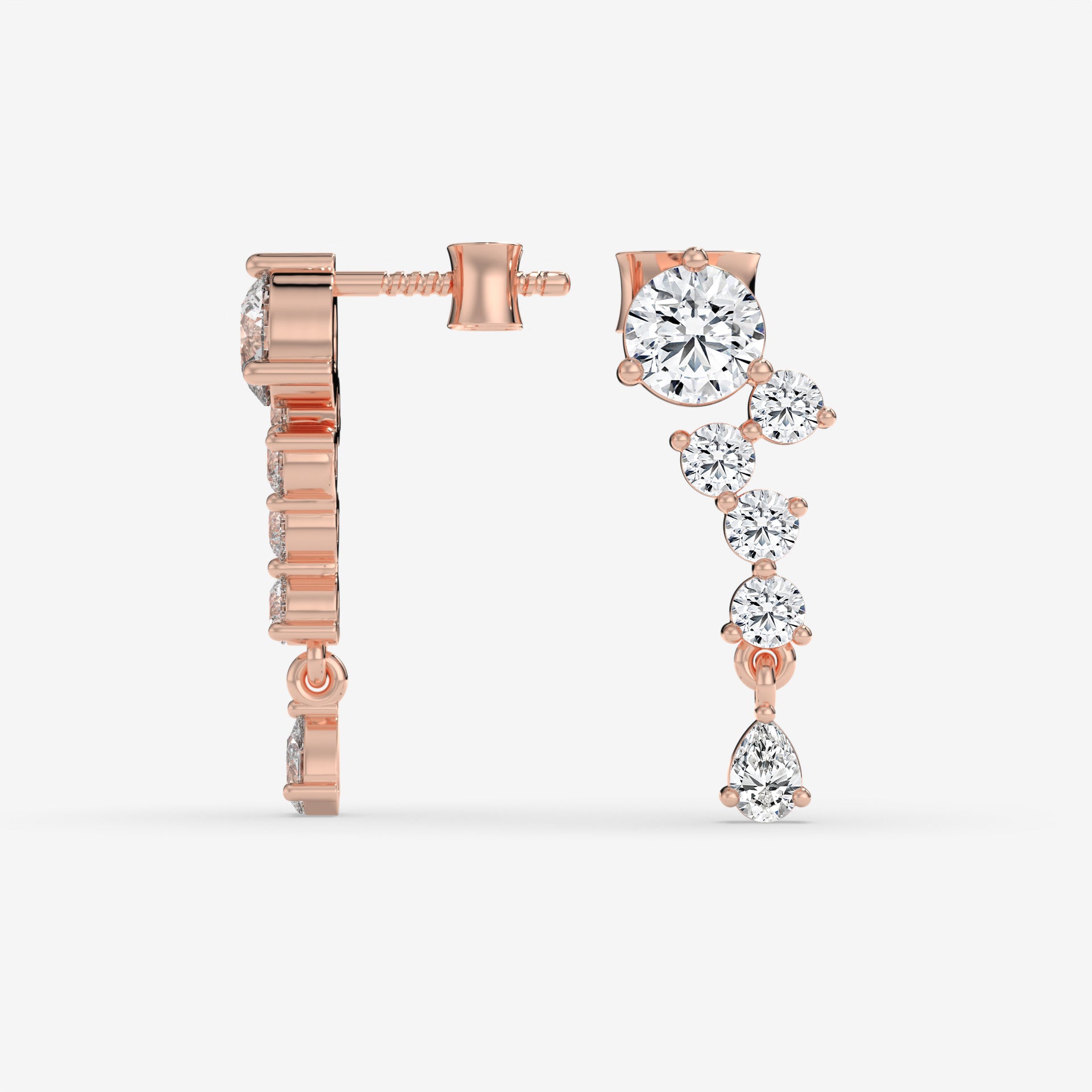 Climbing Diamond Rose Gold Stud Earrings with Round and Pear-Cut Accents