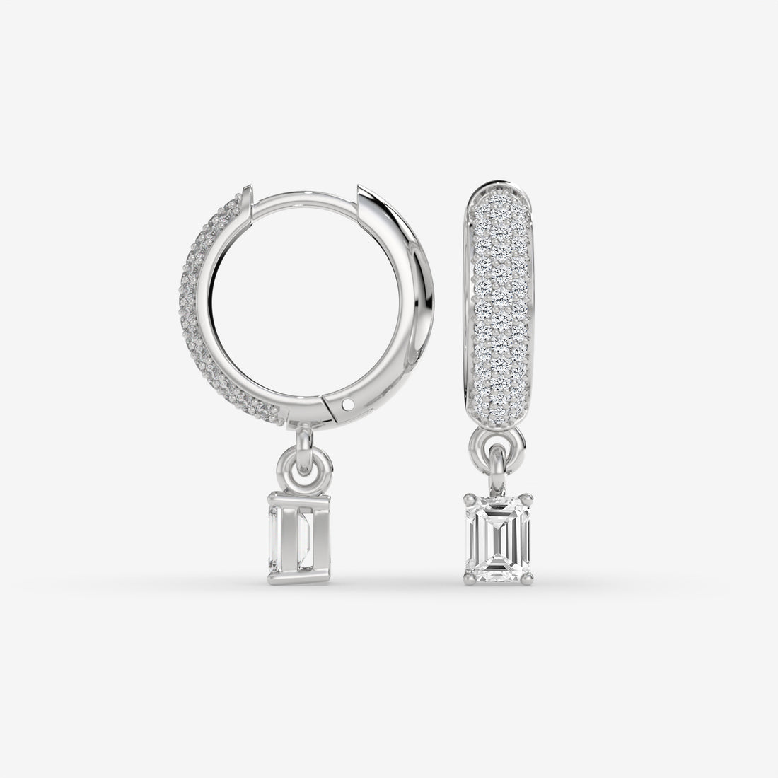 Emerald-Cut Diamond Hoop Earrings in White Gold