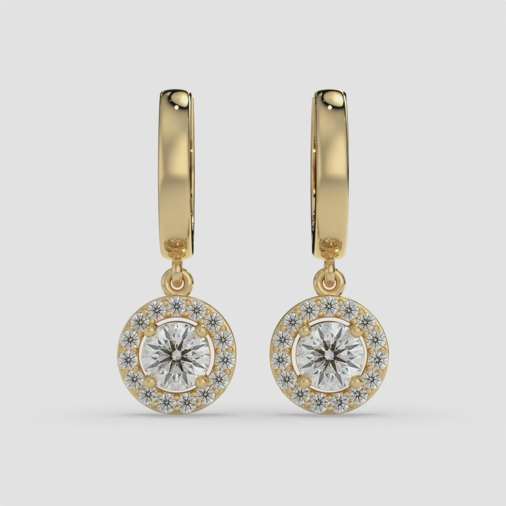 14K Round Halo Dangler Yellow Gold Earrings with 1.00 CT Center Diamond