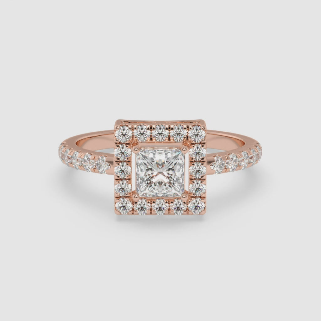 Princess Halo Diamond Rose Gold Ring with Round Diamonds