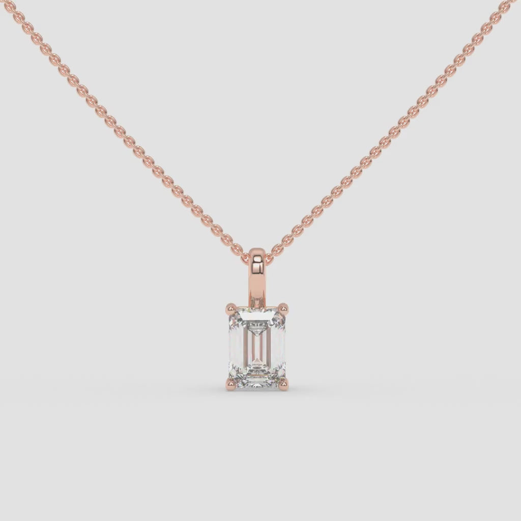 “I”-Shaped Rose Gold Diamond Pendant with Emerald-Cut Center Diamond