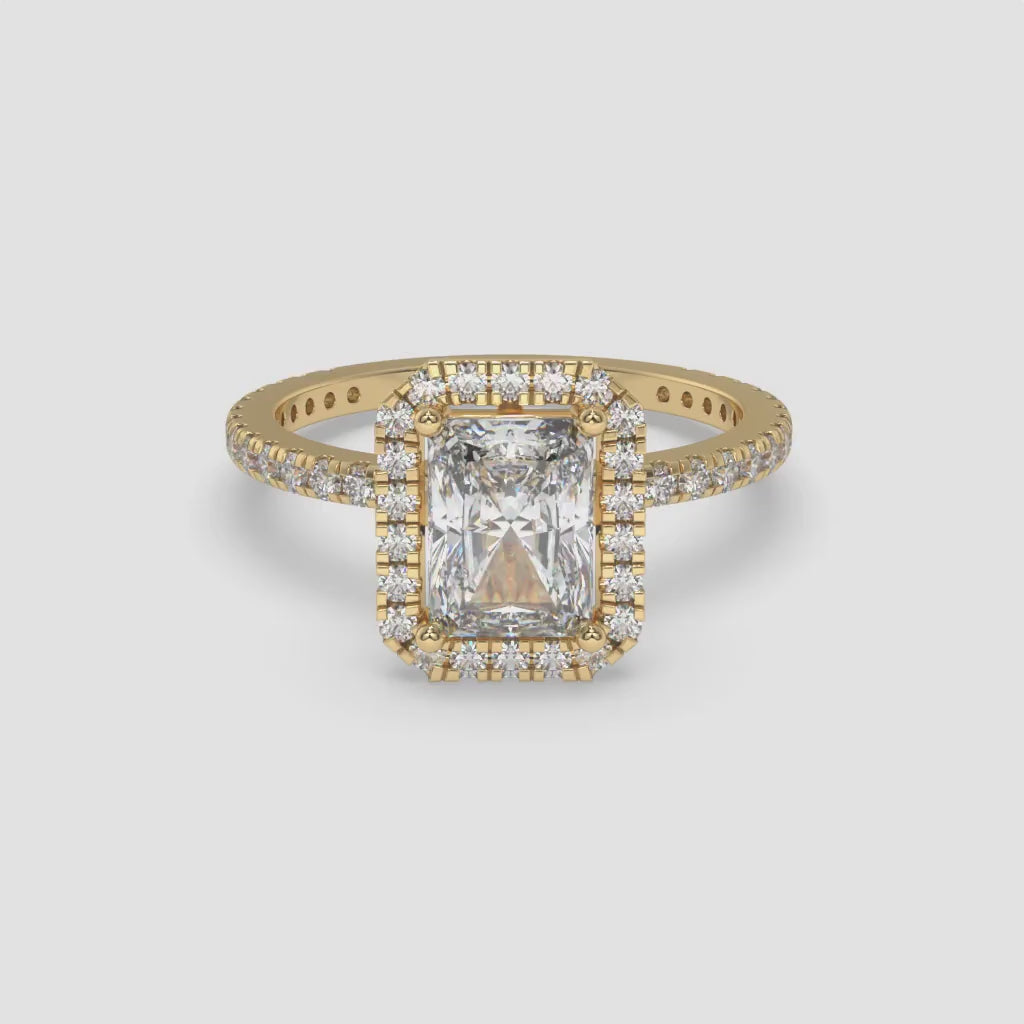 Radiant Diamond Yellow Gold Halo Ring with Round Side Diamonds