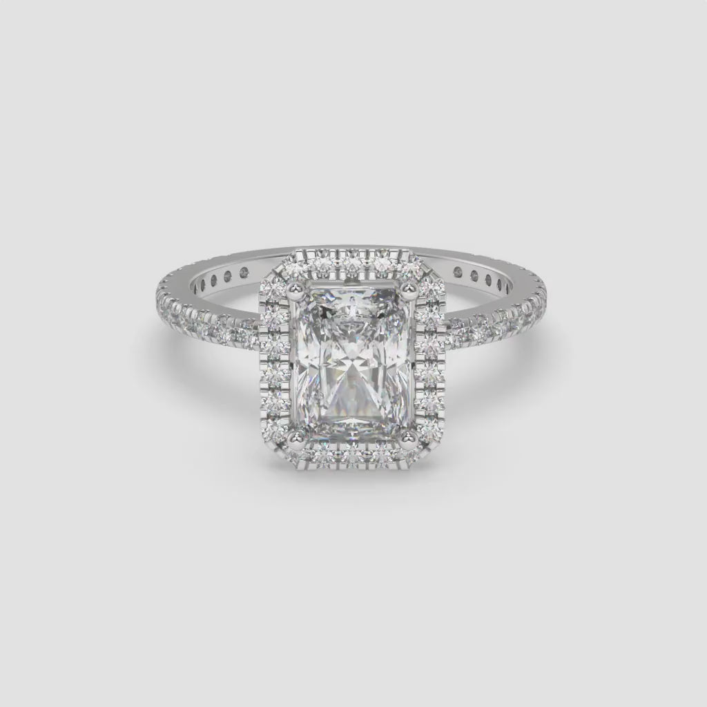Radiant Diamond White Gold Halo Ring with Round Side Diamonds