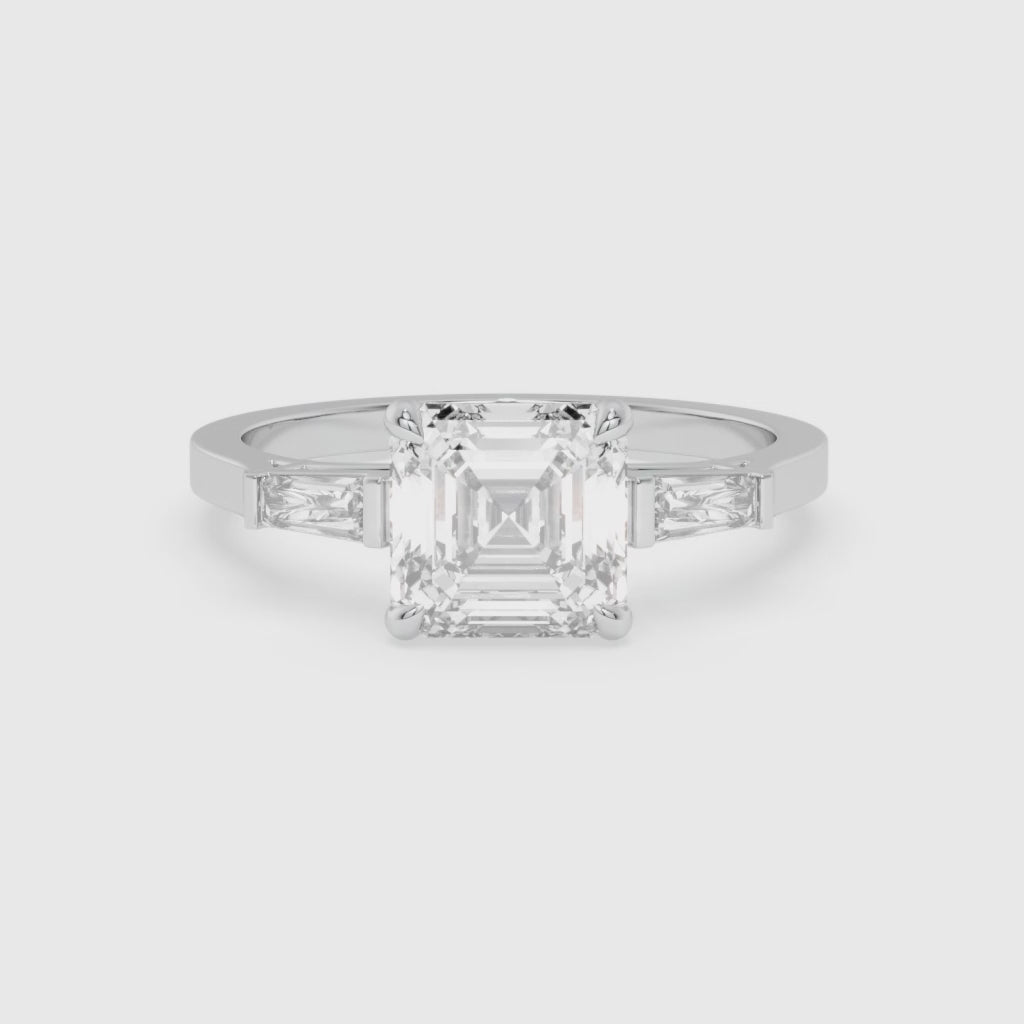 White Gold Asscher-Cut Diamond Engagement Ring with Baguette Side Stones