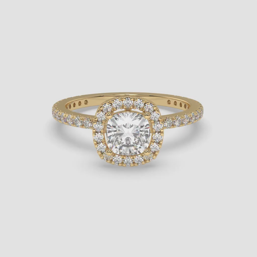 Cushion-Cut Diamond Halo Ring with Round Accent Diamonds in Yellow Gold