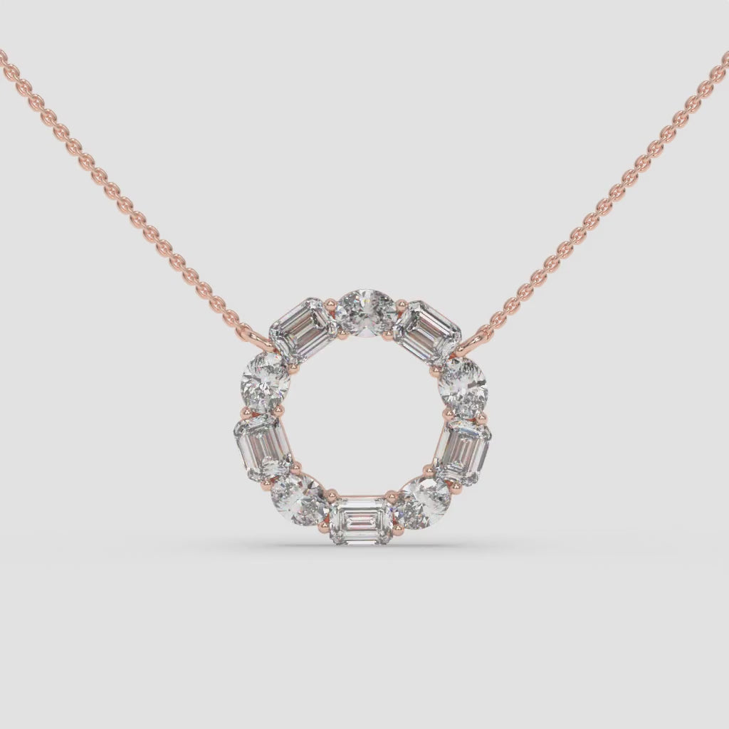 Diamond Circle Rose Gold Pendant with Oval and Emerald-Cut Diamonds