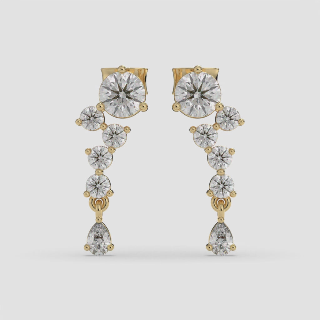 Climbing Diamond Yellow Gold Stud Earrings with Round and Pear-Cut Accents