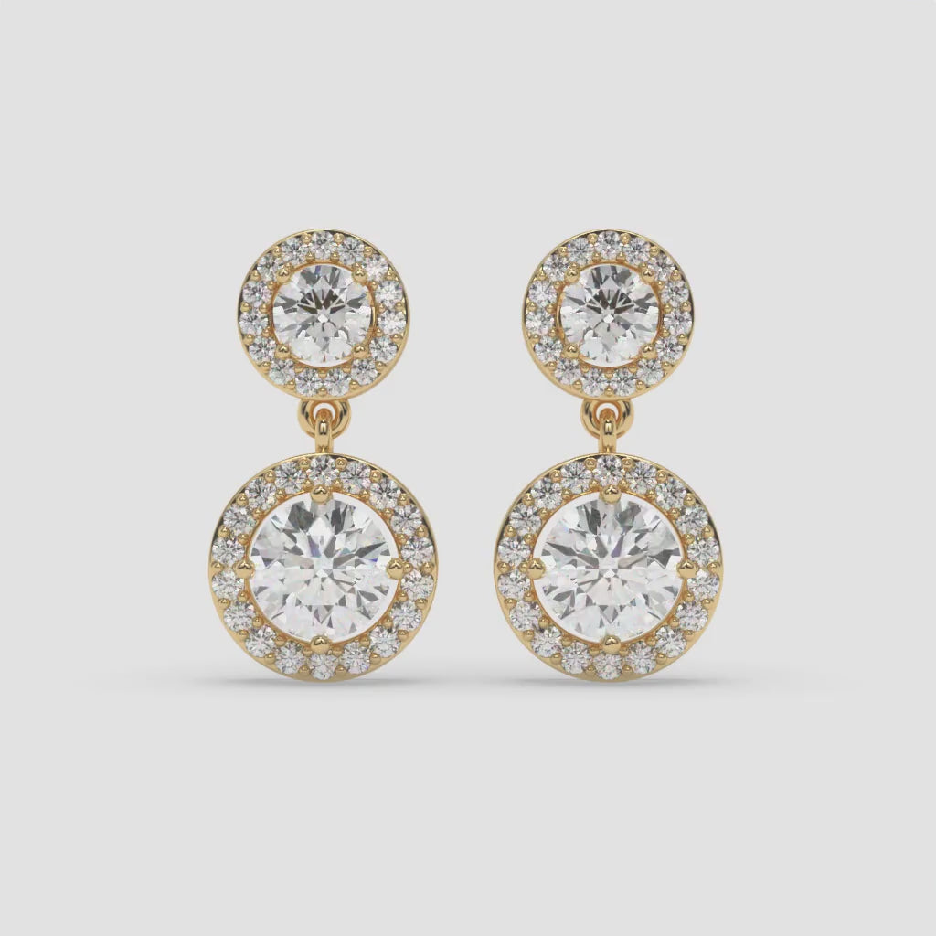 Double-Drop Diamond Halo Earrings in Yellow Gold