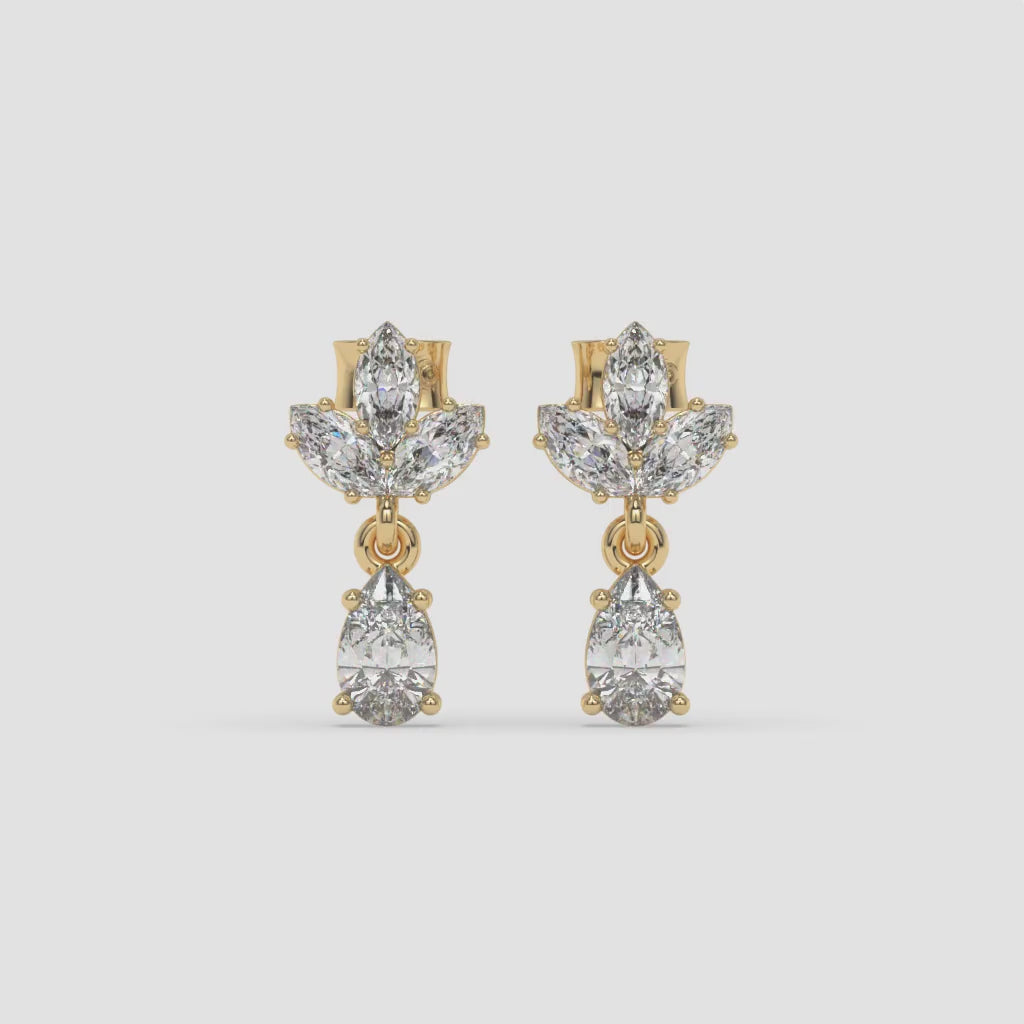 Pear and Marquise Diamond Cluster Yellow Gold Earrings