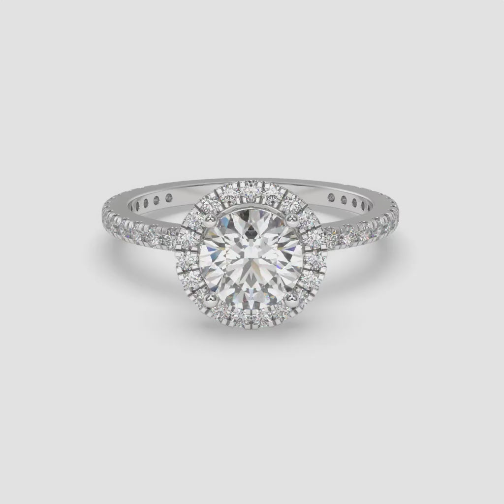 Round Diamond Halo White Gold Ring with Side Diamonds