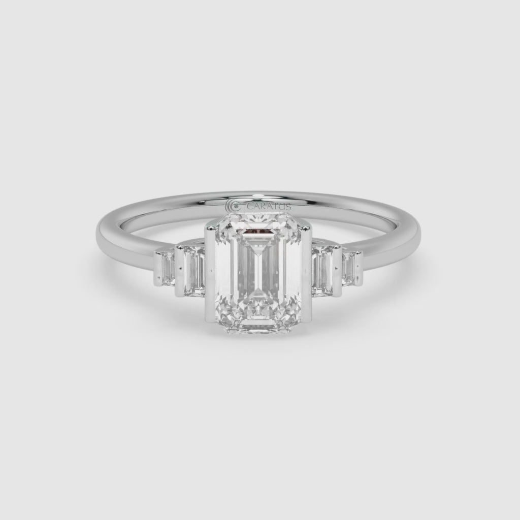 Emerald Cut Diamond White Gold Ring with Randiant baguette-cut diamonds