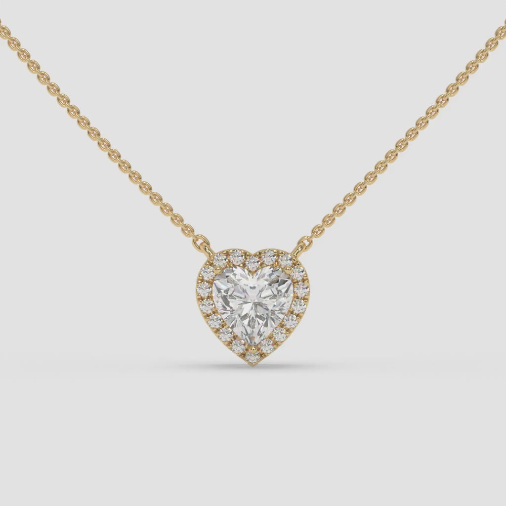Heart-Shaped Diamond Yellow Gold Necklace with Halo Setting