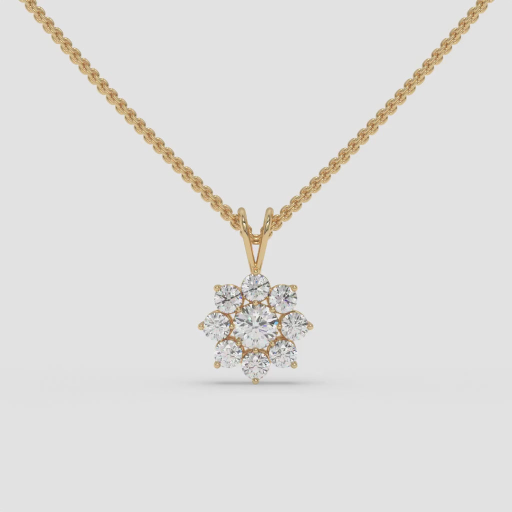 Round Diamond Flower Pendant Yellow Gold Necklace