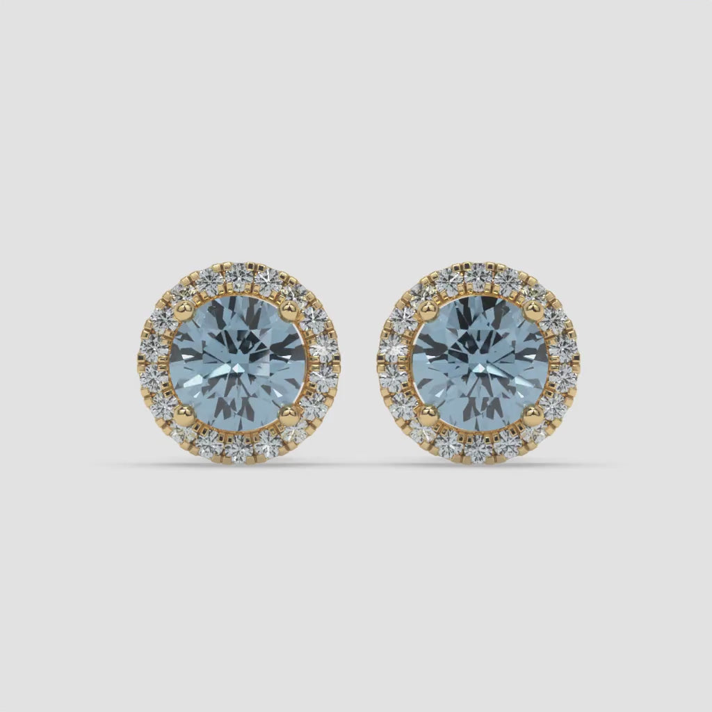 Light Blue Aquamarine & Diamond Halo Yellow Gold Earrings
