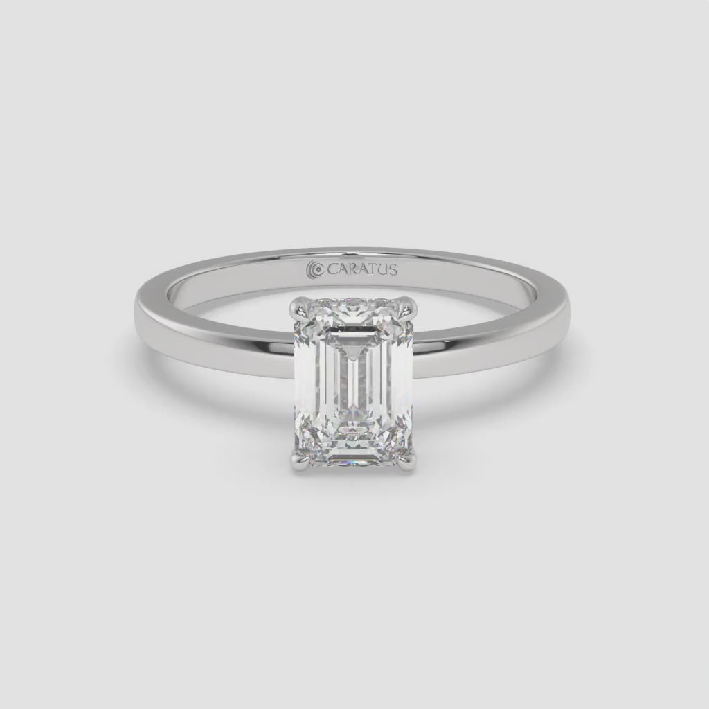 Emerald-Cut Diamond Hidden Halo White Gold Ring with Round Diamonds