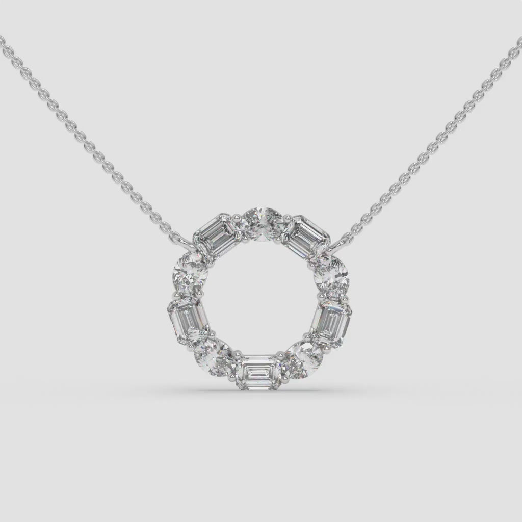 Diamond Circle White Gold Pendant with Oval and Emerald-Cut Diamonds