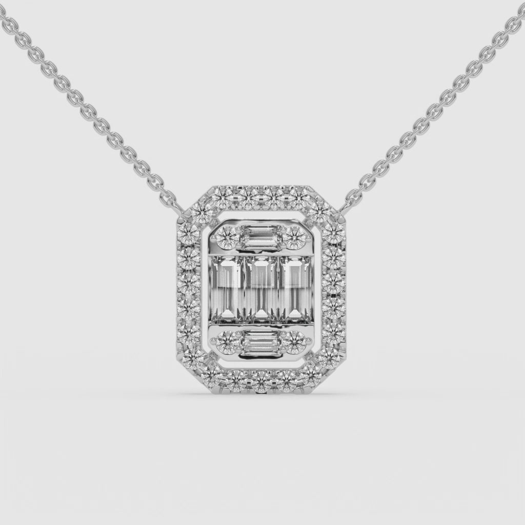 White Gold Square-Cut Baguette Diamond Halo Necklace
