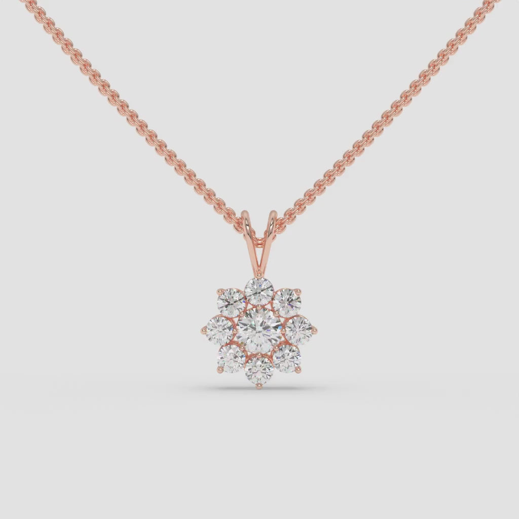 Round Diamond Flower Pendant Rose Gold Necklace