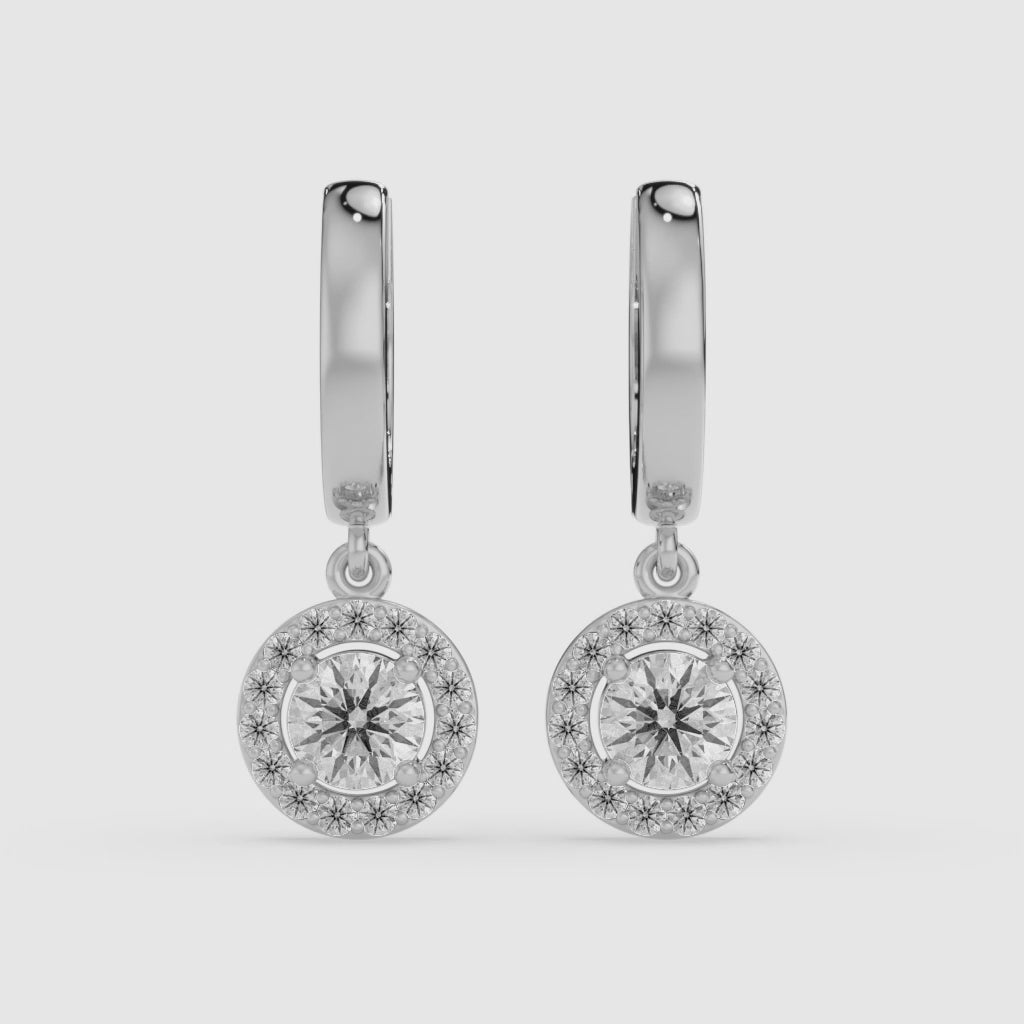 14K Round Halo Dangler White Gold Earrings with 1.00 CT Center Diamond
