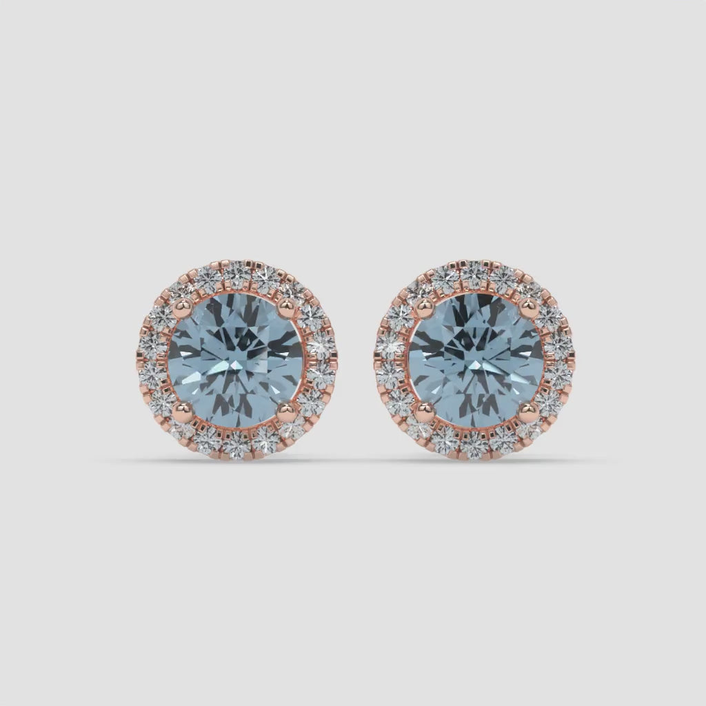 Light Blue Aquamarine & Diamond Halo Rose Gold Earrings