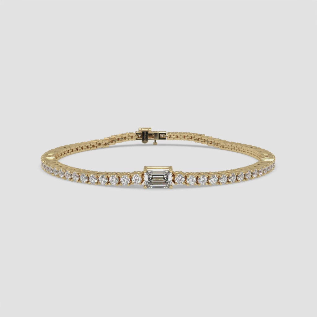 Yellow Gold Emerald-Cut Diamond Bracelet with Round Diamonds