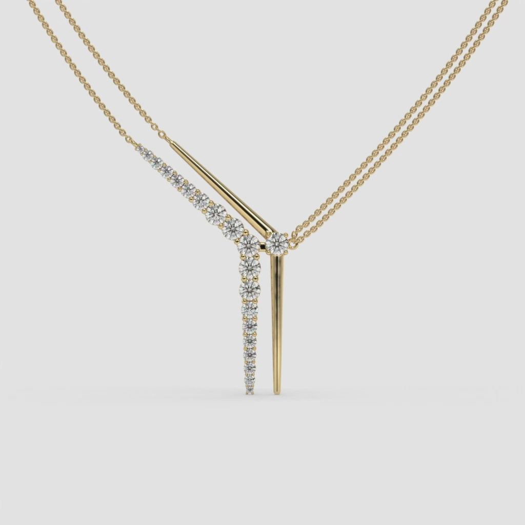 14K Yellow Gold Round Diamond V-Shape Pendant Necklace