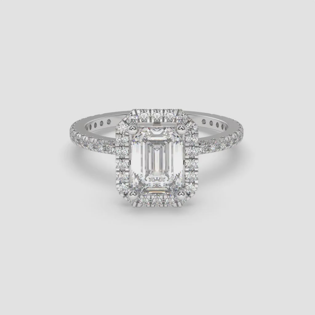White Gold Emerald-Cut Halo Ring with Round Accent Diamonds