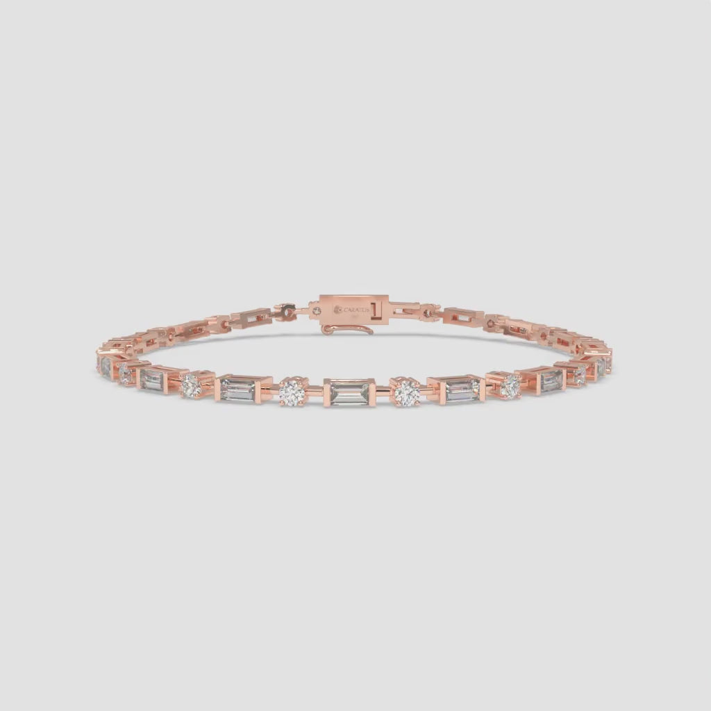 Baguette Diamond Rose Gold Tennis Bracelet with Round Diamonds
