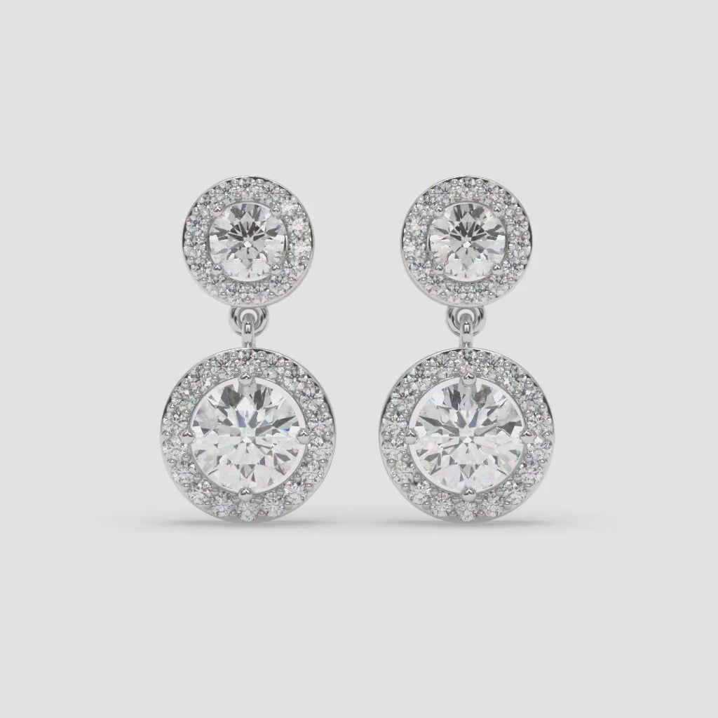 Double-Drop Diamond Halo Earrings in White Gold