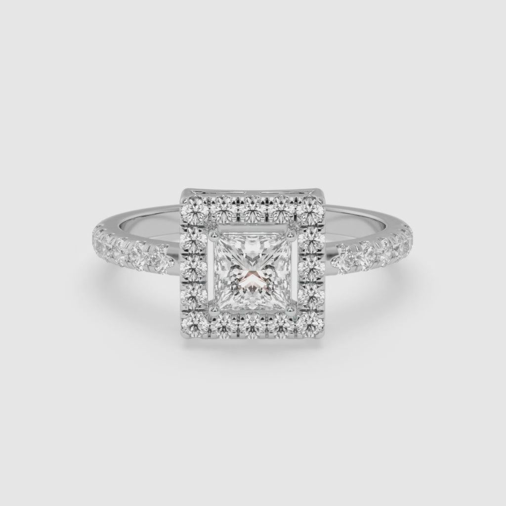 Princess Halo Diamond White Gold Ring with Round Diamonds