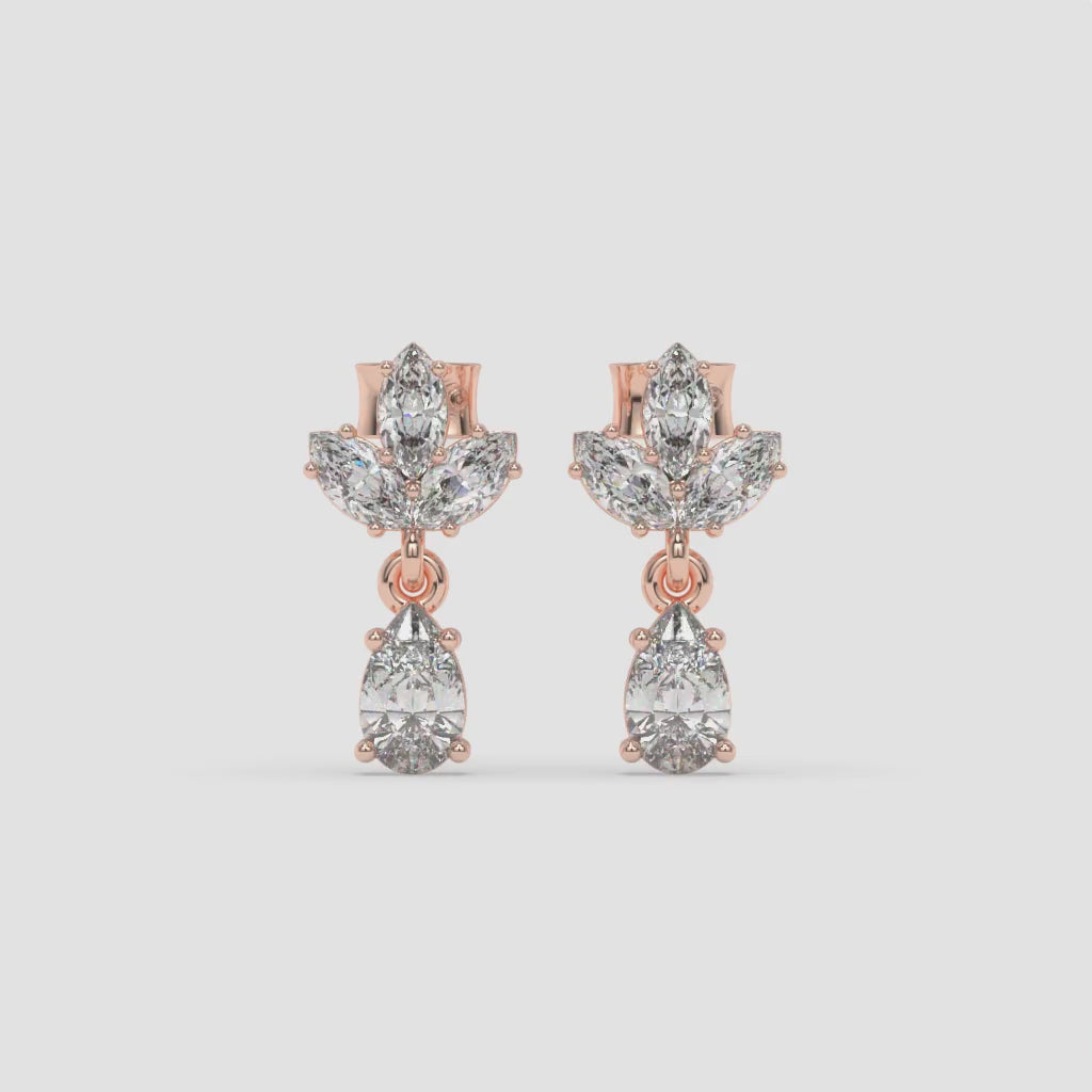 Pear and Marquise Diamond Cluster Rose Gold Earrings