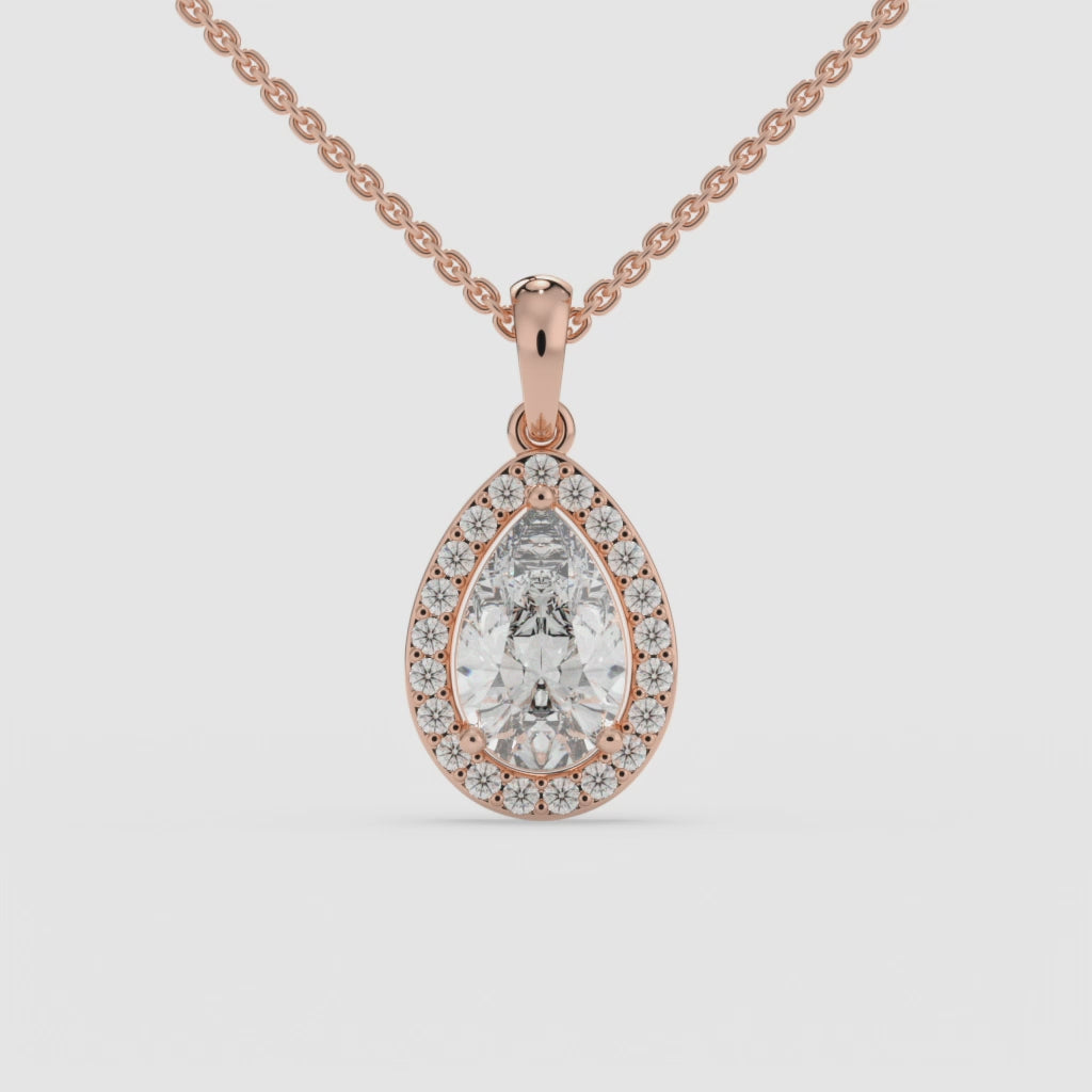 Halo Pear Solitaire Rose Gold Pendant with Pave-Set Round Diamonds in 14K Gold