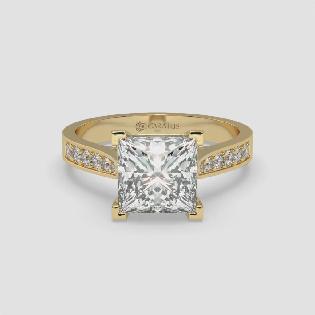 2.50 CT Yellow Gold Princess-Cut Engagement Ring with Round Side Stones