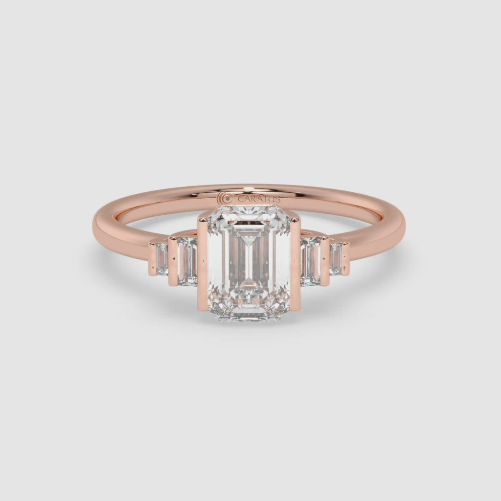 Emerald Cut Diamond Rose Gold Ring with Randiant baguette-cut diamonds