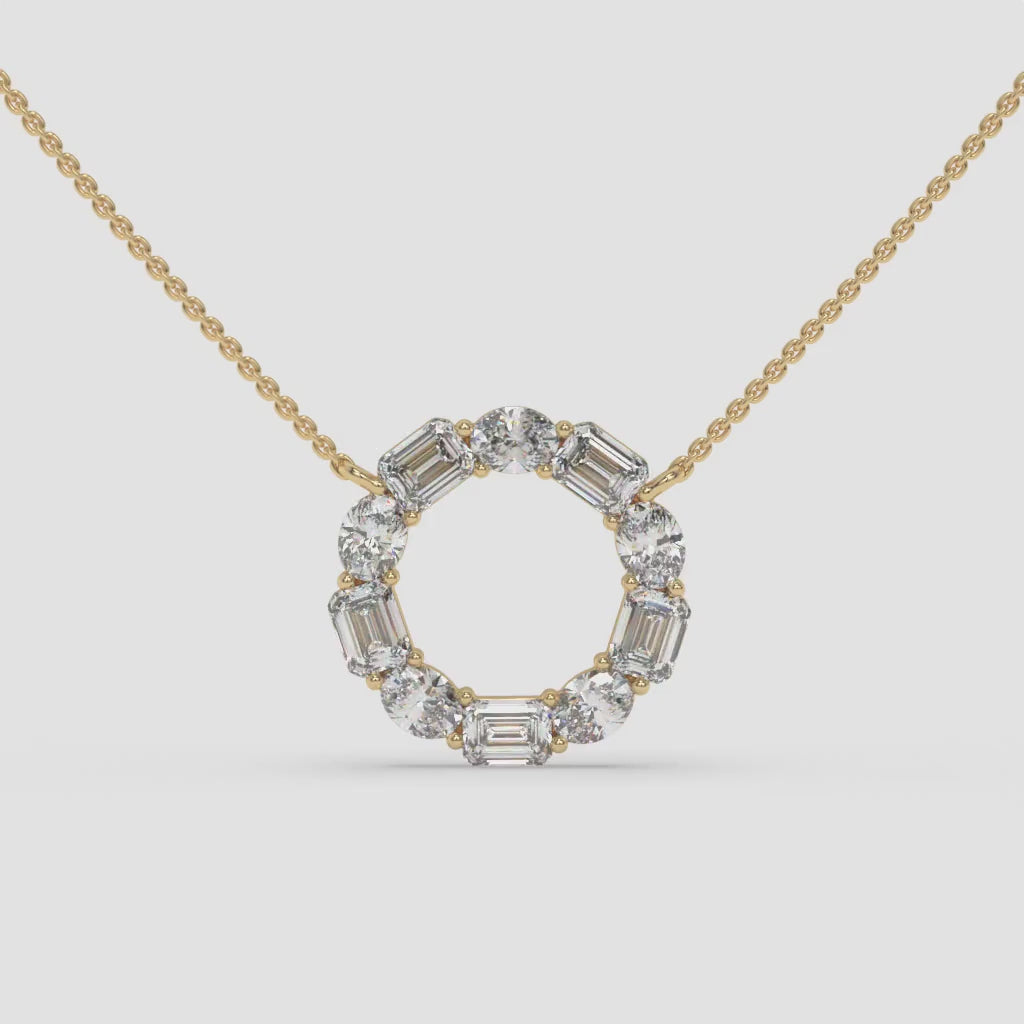 Diamond Circle Yellow Gold Pendant with Oval and Emerald-Cut Diamonds