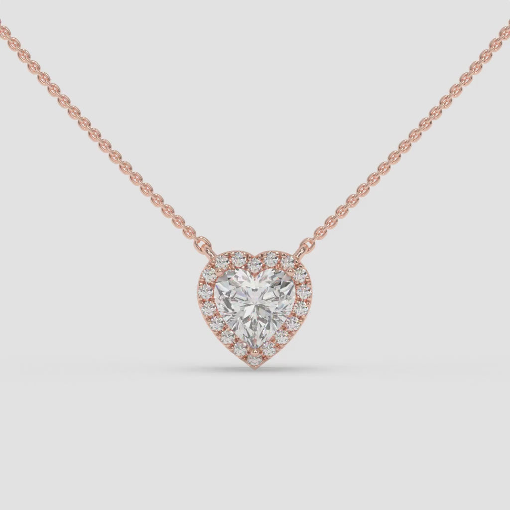 Heart-Shaped Diamond Rose Gold Necklace with Halo Setting