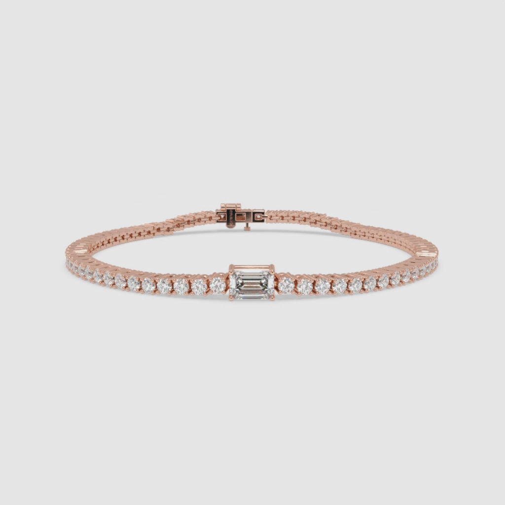 Rose Gold Emerald-Cut Diamond Bracelet with Round Diamonds
