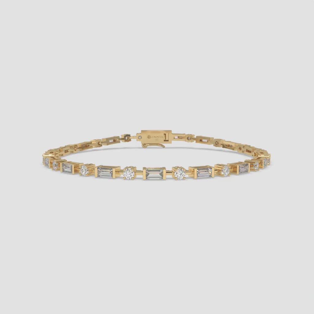Baguette Diamond Yellow Gold Tennis Bracelet with Round Diamonds