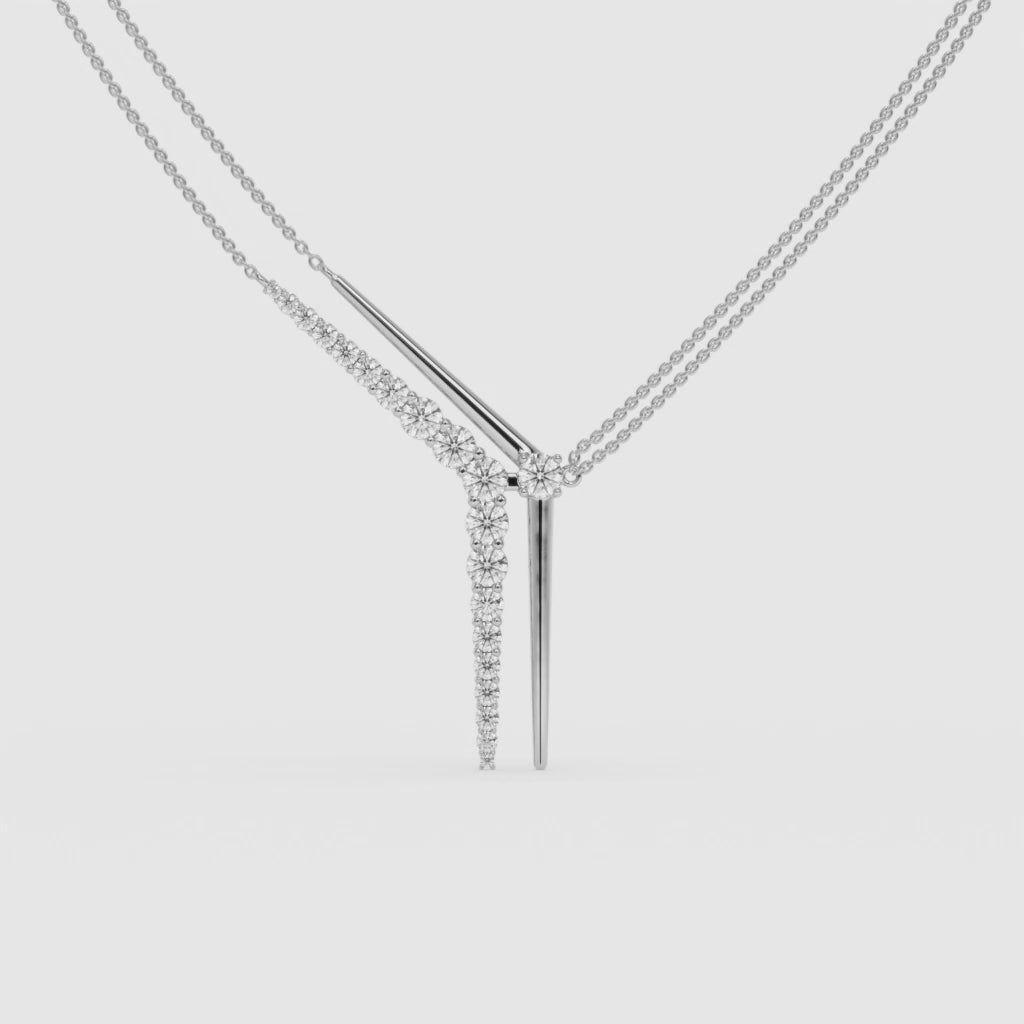 14K White Gold Round Diamond V-Shape Pendant Necklace