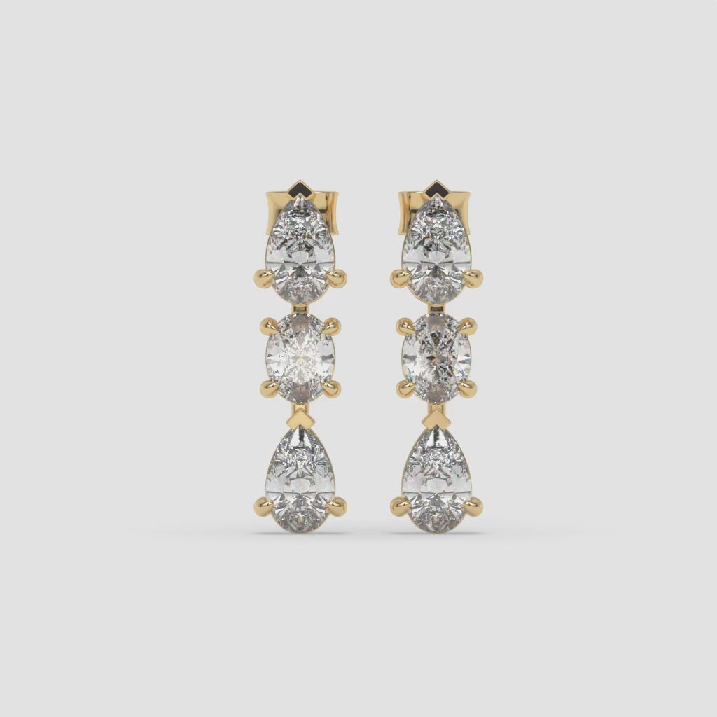 Pear and Oval Diamond Cluster Yellow Gold Earrings