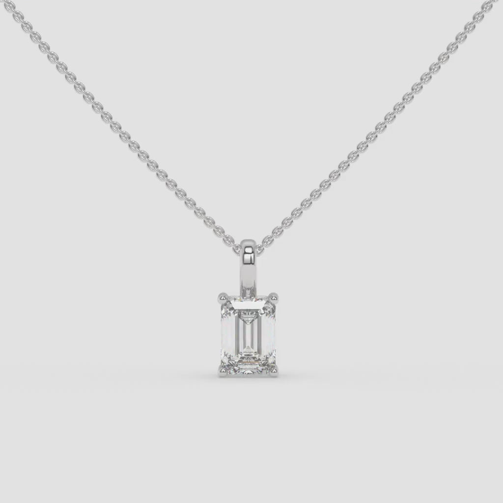 “I”-Shaped White Gold Diamond Pendant with Emerald-Cut Center Diamond