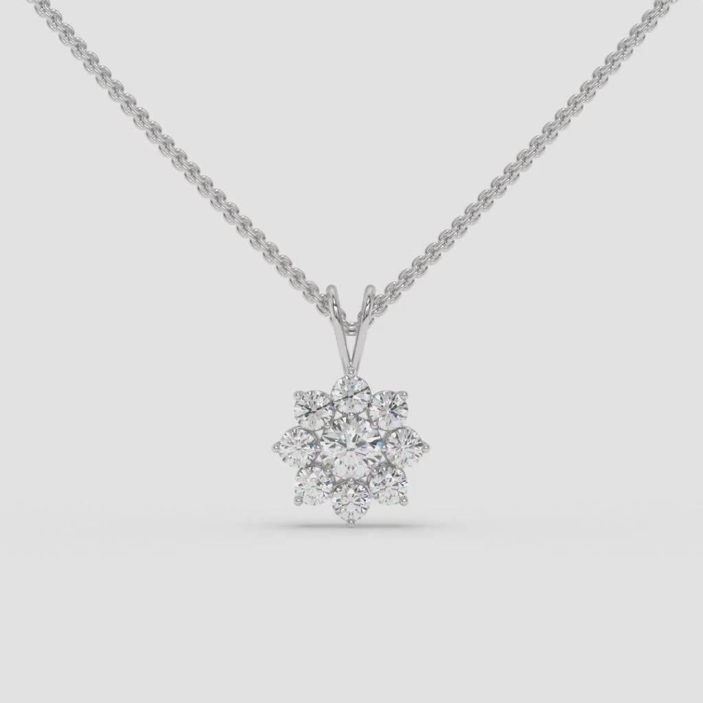 Round Diamond Flower Pendant White Gold Necklace