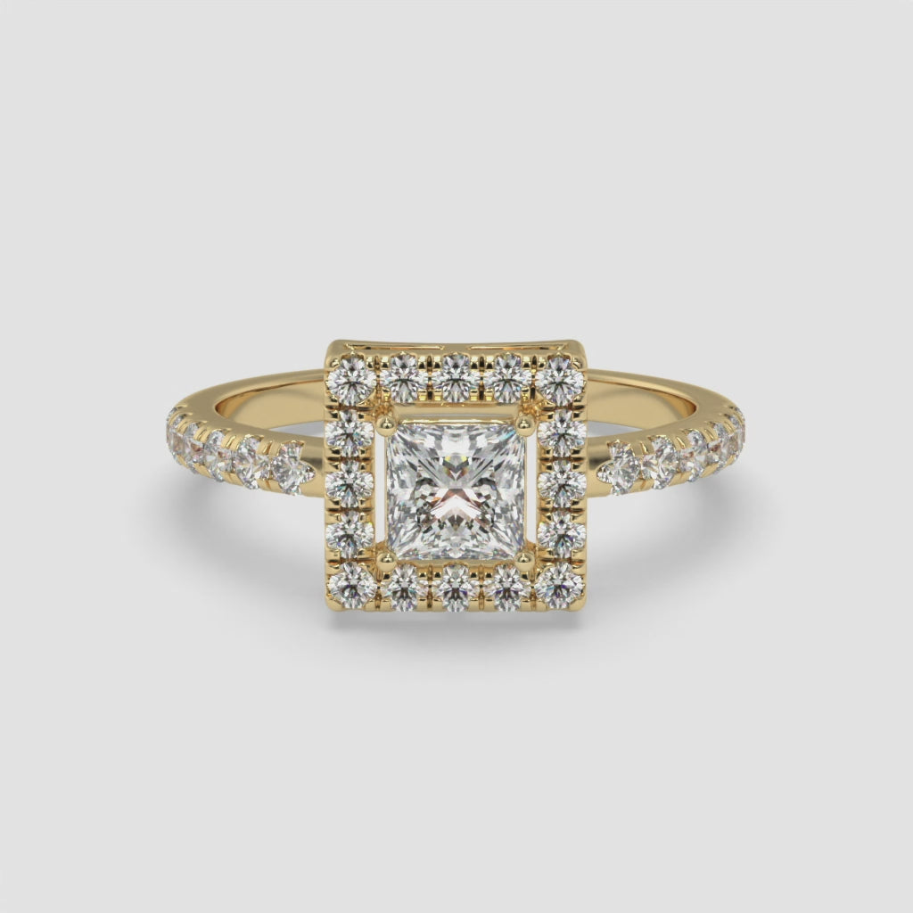 Princess Halo Diamond Yellow Gold Ring with Round Diamonds