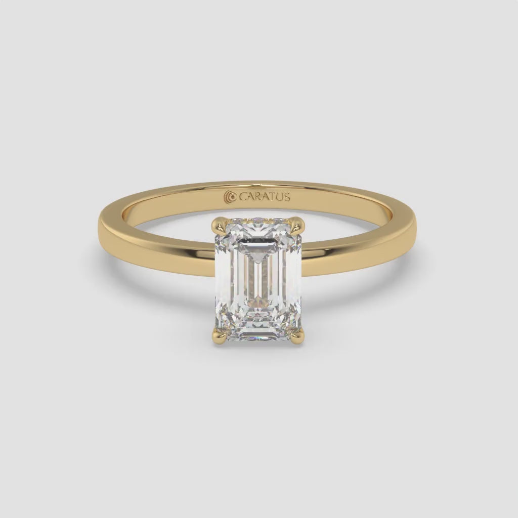 Emerald-Cut Diamond Hidden Halo Yellow Gold Ring with Round Diamonds