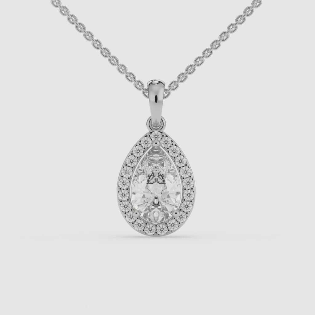 Halo Pear Solitaire White Gold Pendant with Pave-Set Round Diamonds in 14K Gold