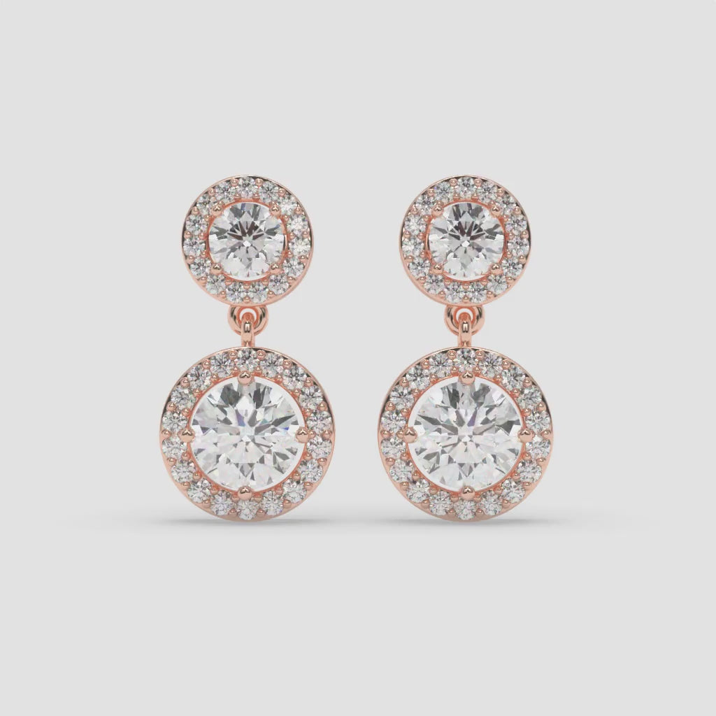 Double-Drop Diamond Halo Earrings in Rose Gold