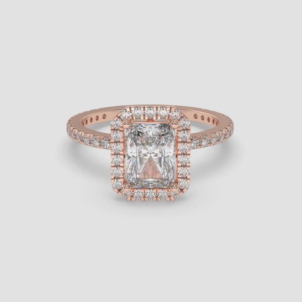 Radiant Diamond Rose Gold Halo Ring with Round Side Diamonds